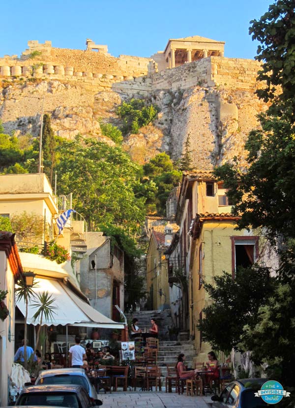 Cafe culture beneath the Acropolis of Athens in Plaka