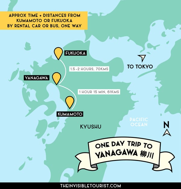 How to get from Kumamoto or Fukuoka to Yanagawa Map