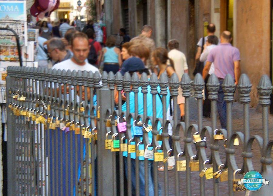 A blurry shot of love locks by the Trevi Fountain I took in Rome, 2008. I can only imagine the number of locks here has exploded since then!