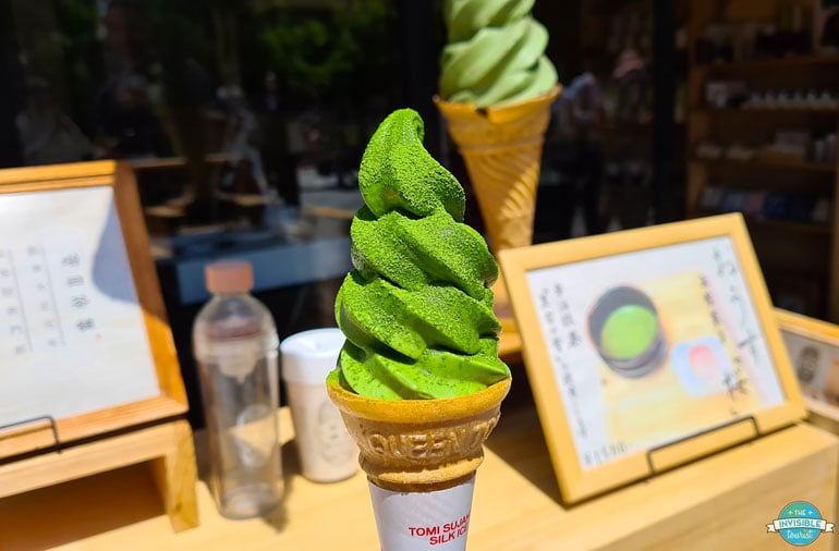 Trying matcha ice cream in Uji, Japan
