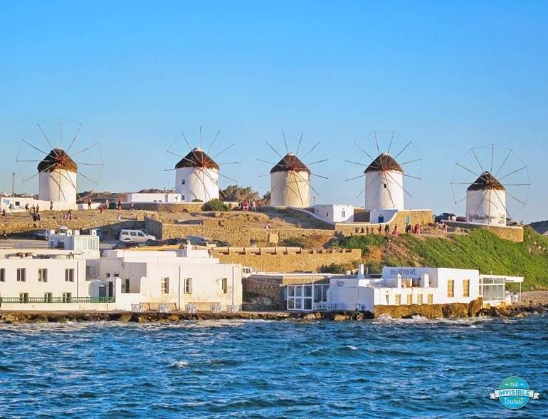 Windmills overlooking the old town of Mykonos