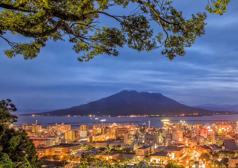 Mt Sakurajima at dusk from Shiroyama Observatory, Kyushu in Japan