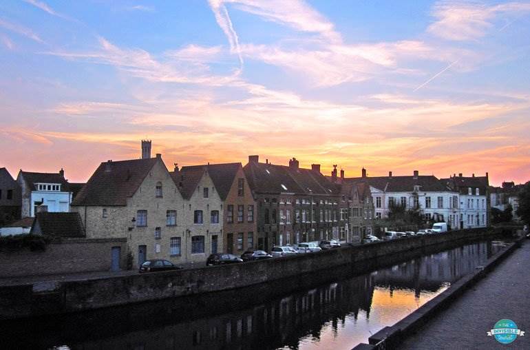 Sunset along a canal in Bruges, Belgium